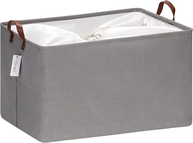 Hinwo 70L Extra Large Canvas Storage Bin with Lid and Handles | Collapsible Fabric Basket, Closet Shelf Organizer, Container for Clothing, Blankets, Toys, Bedding (Gray) by Hinwo