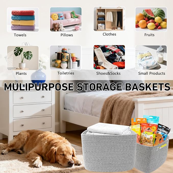 3 Pack Woven Baskets,Storage Baskets for Shelves with Handles | 13.5"×11"×9.5", Closet Baskets, Nursery Organizer for Toys Towels Books, Storage Bin for Living Room Bedroom (Mixed Grey) - Image 5