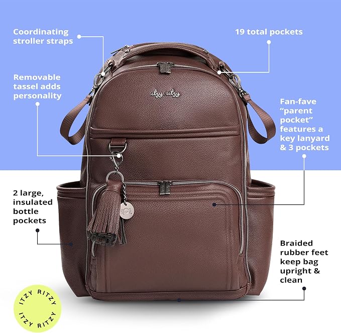 Itzy Ritzy Boss Plus Large Diaper Bag Backpack with 19 Pockets (Espresso) | Includes 2 Insulated Bottle Pockets, Changing Pad, Stroller Clips, Comfortable Padded Straps, Easy-to Clean, Travel-Ready - Image 4