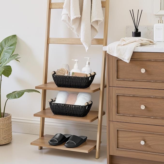 StorageWorks Small Storage Basket, Organizing Baskets for Shelf, Black | Wicker Storage Baskets for Shelves, Baskets with Wooden Handles, 2-Pack Gifts Basket for Home Decor, Hand-Woven Basket - Image 2