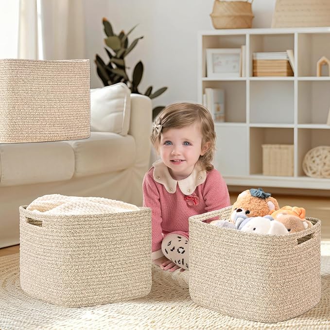3 Pack Cube Storage Bin, 12”x12”x10” Cotton Rope Woven Baskets for Organizing Toys Clothes Towels, Square Gift Storage Baskets for Shelves, Nursery, Closet, Bathroom, Pantry (Jute) - Image 2