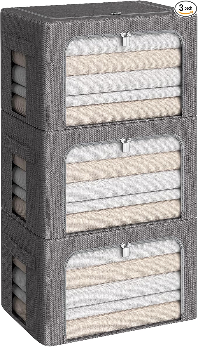 CYhom 3Pack Foldable Storage Bins - Frame Storage Box Linen Fabric Stackable Clothes Container Organizer with Clear Window & Carry Handles Large Capacity (Medium-36L, Dark Gray) by CYhom