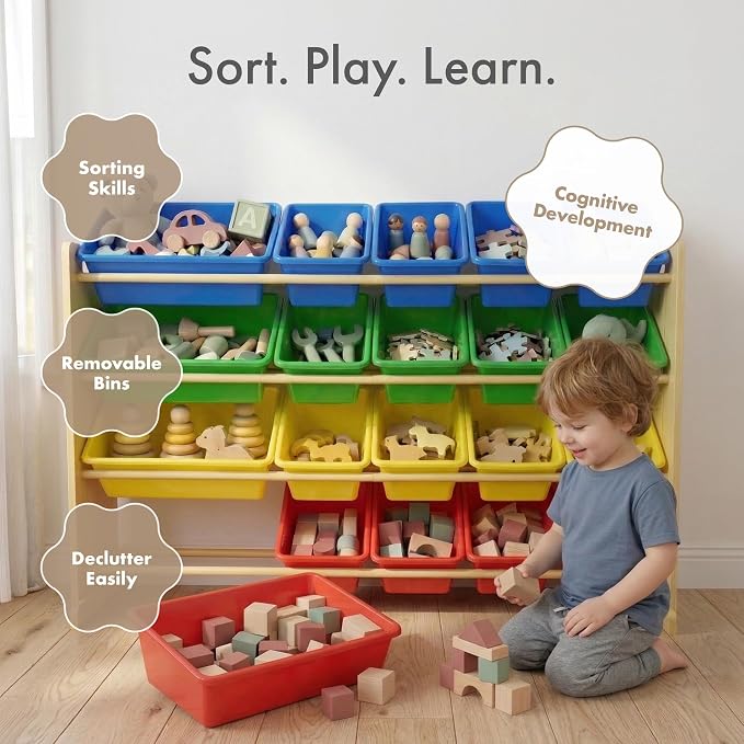 Humble Crew Kids Toy Organizer with 20 Bins, 4 Tier Storage for Playroom | Sturdy wood and steel toddler shelf, removable BPA-free containers, wall anchor anti-tip safety kit for bedroom or classroom - Image 5