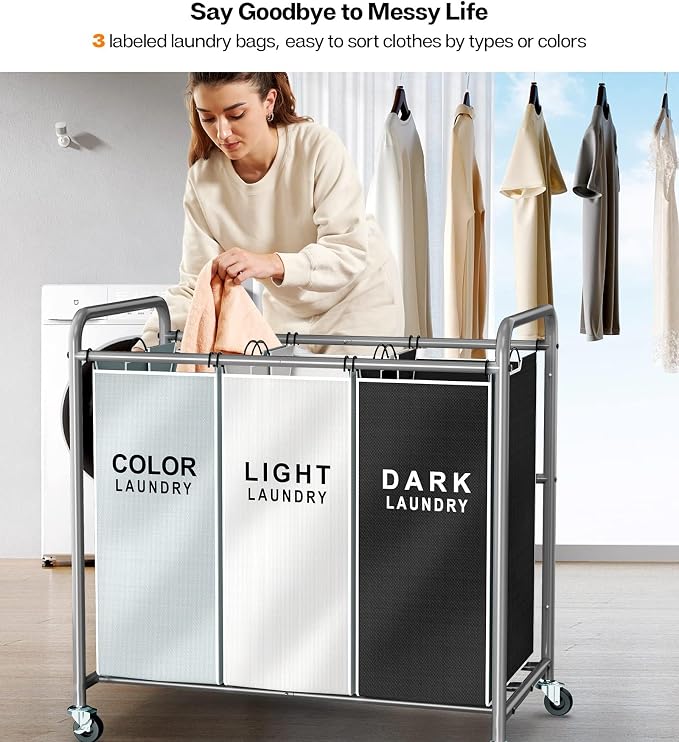 ROMOON Laundry Sorter Hamper 3 Section, Divided Laundry Basket Organizer | Rolling Clothes Hamper with Heavy Duty Lockable Wheels and Removable Bags for Apartment, Dorm & Family, 135L, Multicolor - Image 3