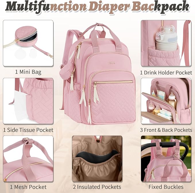 Diaper Bag Backpack, 27L Travel Quilted Baby Bags Unisex | with Changing Pad, Pacifier Bag, Stroller Straps Parents Essentials for Outdoor Trip Hospital & Daily Work, Pink - Image 2