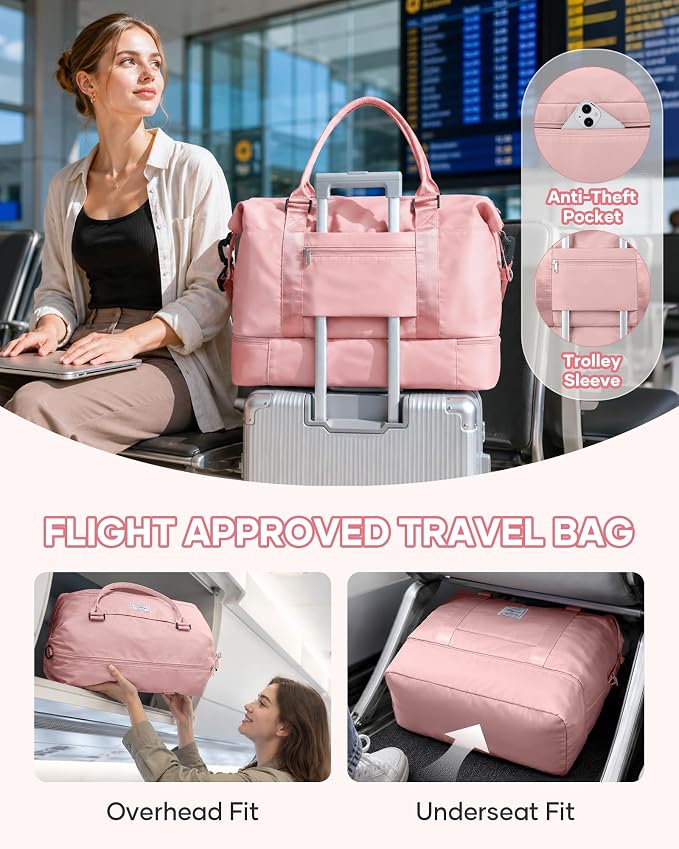 Travel Duffel Weekender Bag Women Tote Carry On Bags With Shoe Compartment | 18x14x8 inches Travel Overnight Bags with Trolley Sleeve for Airplanes Waterproof Sport Tote Gym with Toiletry Bag Pink - Image 2