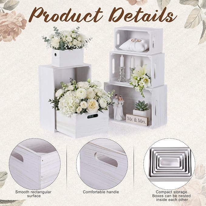 AceOrbit Set of 6 Rustic Wood Crates, Nesting Storage Boxes,Vintage White | Distressed Wooden Containers with Cutout Handles, Vintage Farmhouse Wedding Party Decor, Decorative Baskets for Supplies - Image 4
