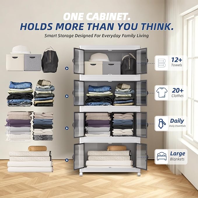 SAILUN 464Qt Stackable Storage Bins,Storage Cabinet with a Lid,4 Pack White | Stackable Storage Drawers with Lids,26" W x 17" D x 56.7" H,Featuring open-front Access for Clothes and Closet Storage - Image 5