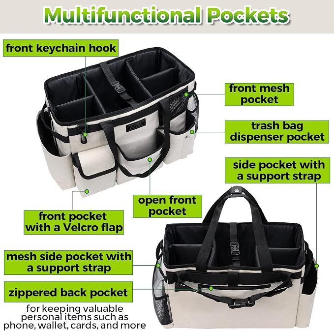 Cleaning Caddy Organizer with Handle - Large Caddy Bag for House & Bathroom Cleaning Supplies, 15 x 8 x 10.5 inches Cleaning Supply Caddy, Housekeeping Tote with Adjustable Strap - Beige - Image 5