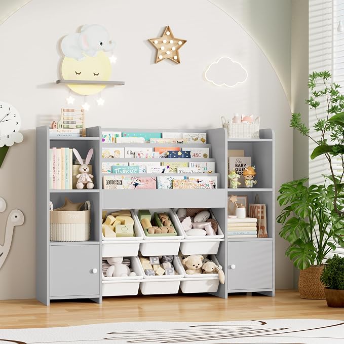 Toy Storage Organizer with 6 Toy Bins & 4 Tier Kids Bookshelf | Toy Organizer with 6 Cubbies, Kids Toy Organizers and Toy Storage with Bins, Playroom Storage and Toy Chest, Grey - Image 8