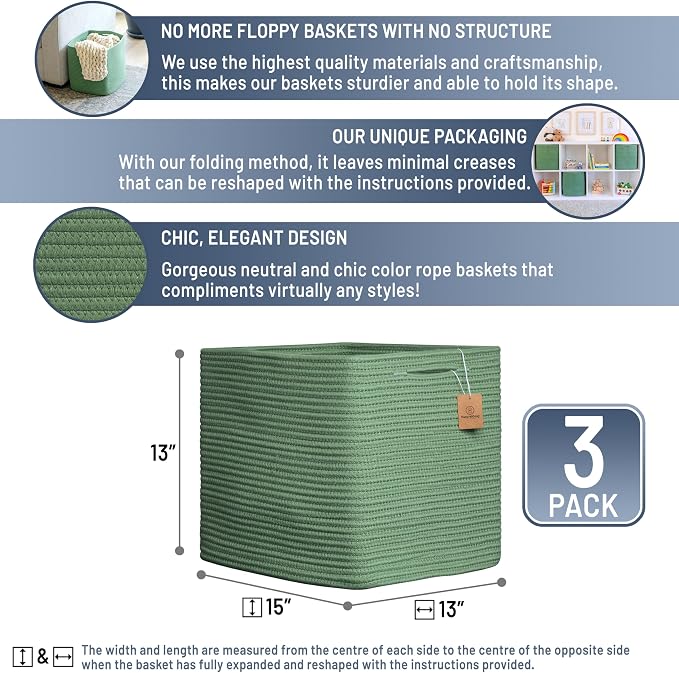 NaturalCozy 13x15x13 Kallax Storage Cubes Bins, 3 Pack | Cotton Rope Cube Storage Bin Woven Baskets for Organizing | Kallax Insert Storage Baskets for Shelves Organizer, Kids Toy, Closet Baby Nursery - Image 2