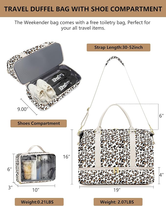 Travel Overnight Bag Weekender Bags: Large Duffle Bag Women with Shoe Compartment Carry on Overnight Bags with Toiletry Bag Gym Duffel Bag with Wet Pocket Hospital Bags for Labor and Delivery Leopard - Image 2