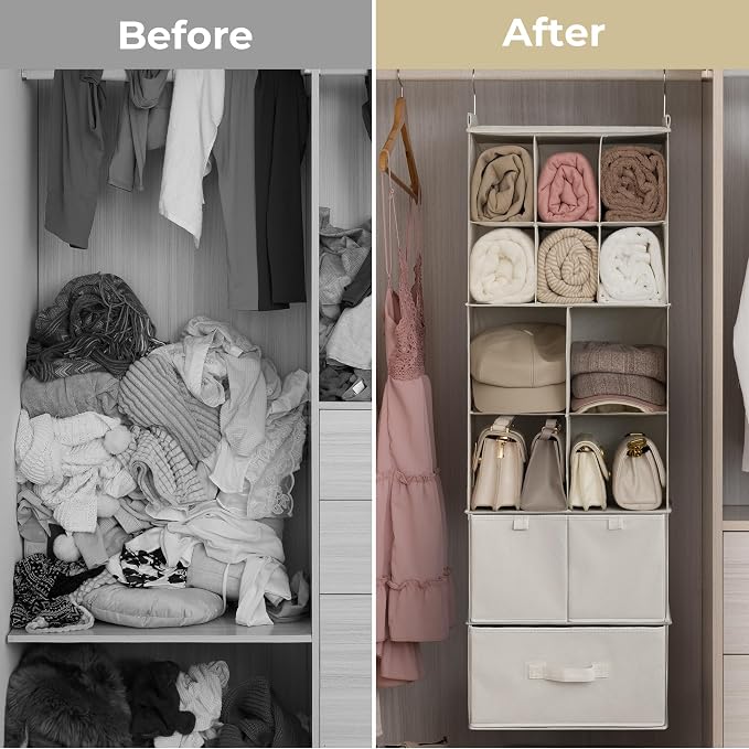 GRANNY SAYS Hanging Closet Organizer, 3 Drawers, 6 Shelves, Beige | Hanging Closet Organizer with 3 Different Drawer Designs, 6 Shelves & Reinforced Structure for Organized Small Spaces - Image 7