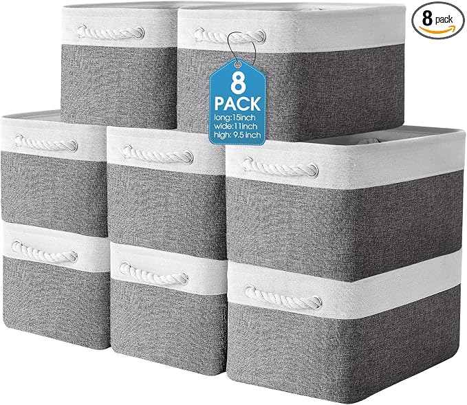 meekoo 8 Pack Collapsible Storage Bins Fabric Storage Bins Polyester Fabric Baskets with Handles Linen Closet Organizer for Shelf Home Closet Towels Toys(15 x 11 x 9.5 in,Gray White) by meekoo