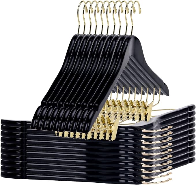 Quality Hangers Quality Wooden Skirt Hangers with Clips 80-Pack Black Pants Adjustable Gold Metal Clips, Swivel Hook, Coat, Jacket, Blouse Suit (Black - 80) 17.5'' by QualityHangers