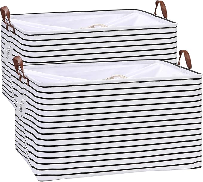 Hinwo 70L Extra Large Canvas Storage Bin with Lid and Handles, 2-Pack | Collapsible Fabric Baskets, Closet Shelf Organizers, Containers for Clothing, Blankets, Toys, Bedding (Black Stripe) by Hinwo