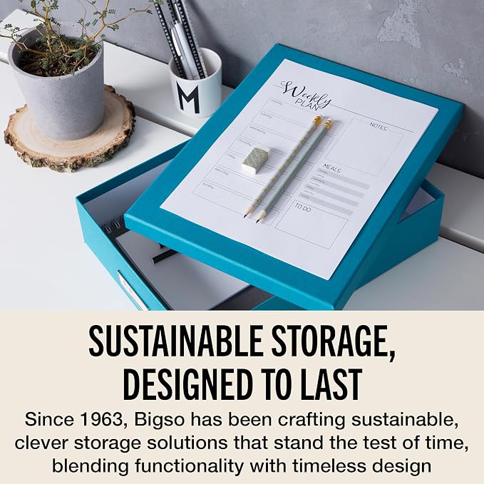 Bigso Oskar Fiberboard Label Frame Document Letter Box - File Organizer Box for Important Paperwork - Document Storage with a Lid & Label Window - 3.3 in x 10.2 in x 13.8 in - 3 Pack - Turquoise - Image 7