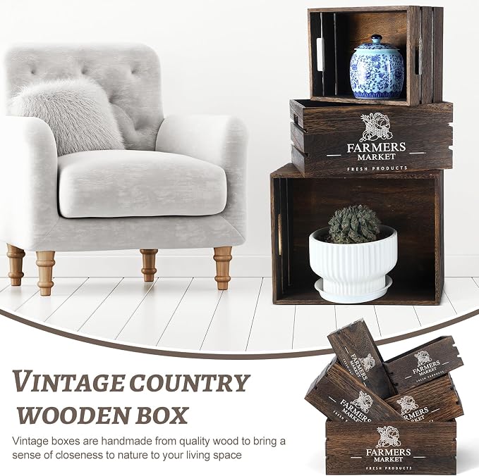 Barydat Set of 5 Wood Crates for Display Decorative Nesting Wooden Crate Storage with Handles Vintage Farmhouse Style Decorative Boxes Multipurpose Fruits Vegetables Boxes(Dusty Brown,Elegant) - Image 4