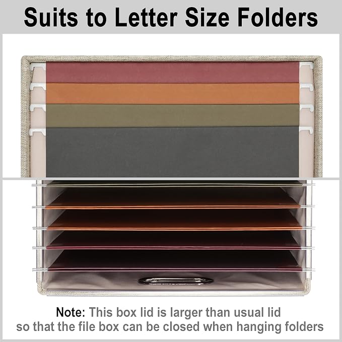 Storage Bins With Lids Office Organization File Folder Organizer Boxes | Beige, 4 Pack, 15.1" * 12.2" * 10.04", Built-In Handle, Collapsible, Stackable, Dustproof, Linen Fabric, Cardboards - Image 3