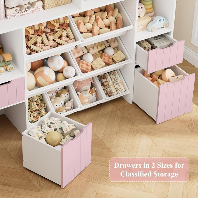HORSTORS 55" W Toy Storage Organizer, Large Kids Bookshelf, Toy Box, Pink | 8 Plastic Storage Bins / 2 Removable Toy Storage Boxes / Open Shelves, Kids Bookcase with Drawers for Playroom, Kids Room - Image 5