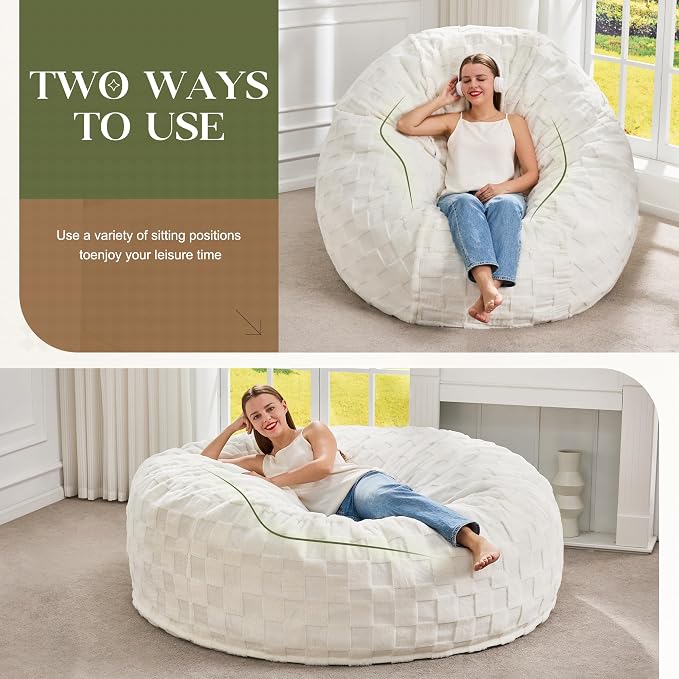 Hobestluk Giant Bean Bag Chairs 6FT Oversized BeanBag Chair for Adult Jumbo | Memory Foam,Washable Cover,Unique Fluffy Plaid,Comfy Bean Bag Bed with Filler Lounging Gaming Bedroom Living Room | White 6FT - Image 3