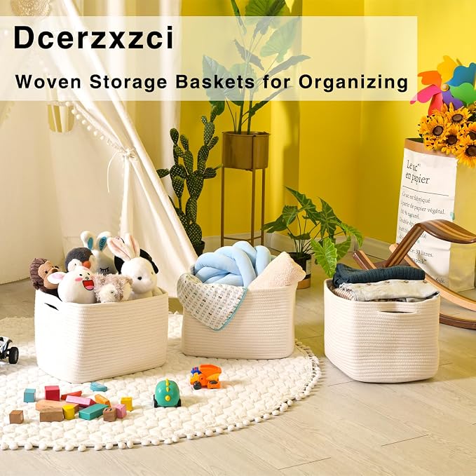 White Storage Baskets for Organizing Shelves, Woven Cotton Rope Basket for Storage, Basket for Toys Clothes Books Shoes, Organization Baskets, 14.8"×11"×9.5", Pack of 3, Off White - Image 6