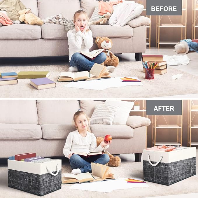 Storage Bins 6-Pack, Foldable Storage Baskets for Organizing Toys, Books, Shelves, Closet, Large Storage Box with Rope Handles, Sturdy Organizer Bins, White & Black - Image 5