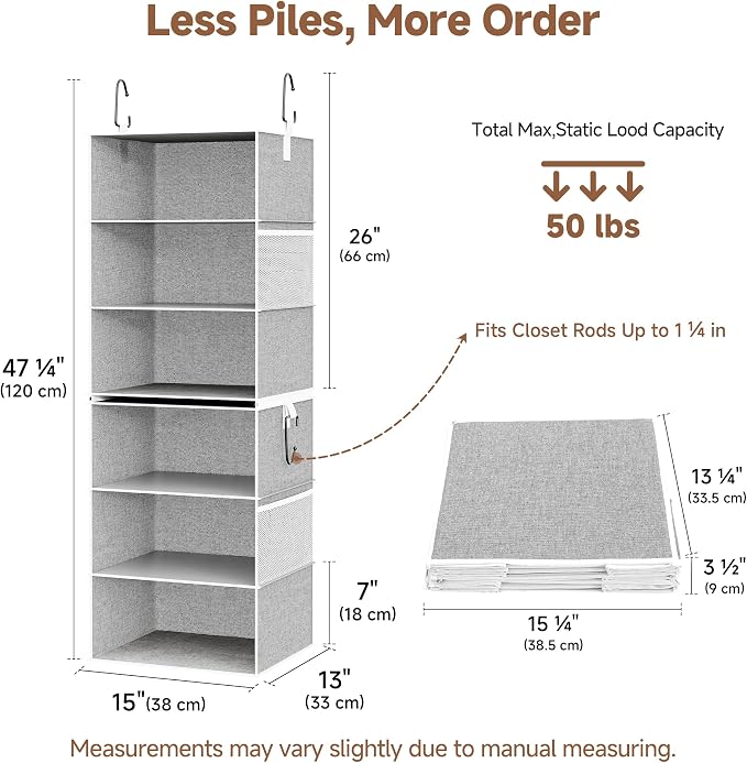 StorageWorks 6-Shelf Jumbo Closet Organizers, Two 3-Shelf Separable Hanging Shelves for Closet, 13" D x 15" W x 47 ¼"H，Gray - Image 2