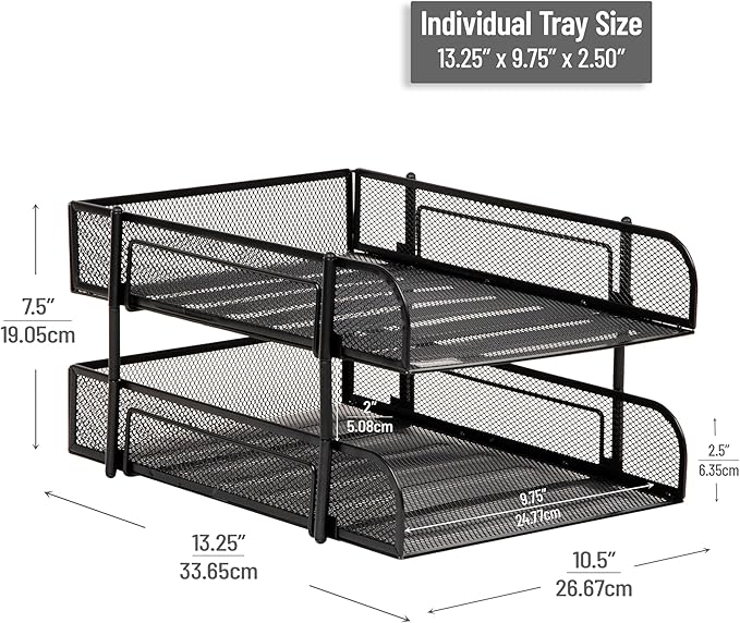 Mind Reader 2-Tier Stackable Paper Tray, Metal Mesh Desk Organizer for Files, Documents, and Mail, Office Desktop Storage, Set of 2, Black - Image 3