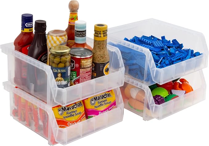 Medium-Wide Stackable Plastic Storage Bins, 4-Pack, Clear | Open-Front Stackable Bins For Garage, Pantry, Closet & Office, 11"L X 11"W X 5"H, Nests When Empty, Durable Plastic - Image 7
