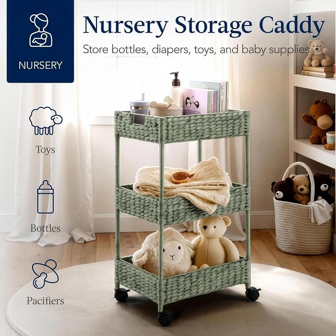Best Choice Products 3-Tier Water Hyacinth Rolling Nursery Caddy w/Wheels, Utility Cart, Storage Organization for Bathroom, Craft Room, Laundry Room - Sage - Image 4