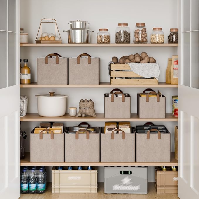StorageWorks Storage Bins, Storage Baskets, Brown and Beige, 2-Pack | With Reinforced PU Handles, Metal Frame, Collapsible, Storage Basket for Shelves, Closet, Holds Clothes, Towels, Blankets - Image 3