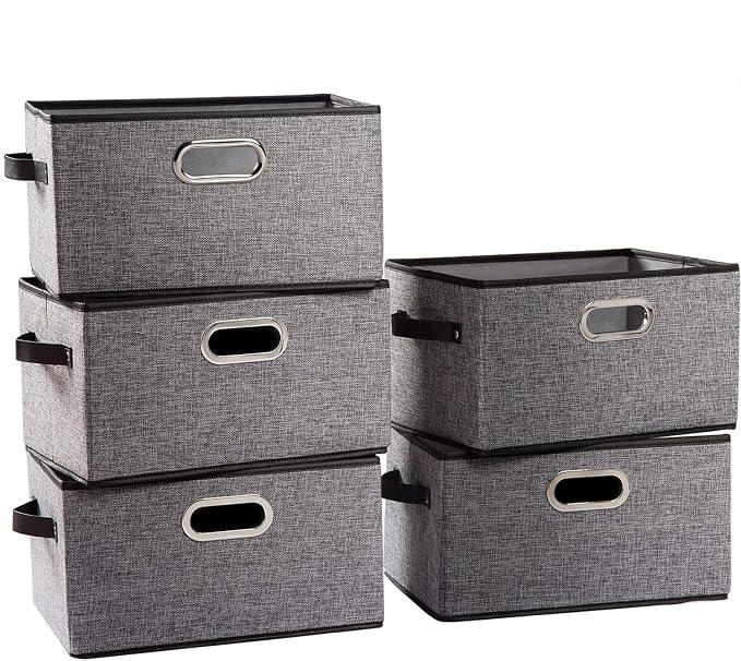 Fodable Storage Baskets for Closet [5-Pack] Decorative Fabric Storage Bins Cubes with Leather/Metal Handles for Shelves Bedroom Living Room Grey (11.5x8.5x6.7 Inch) by Prandom