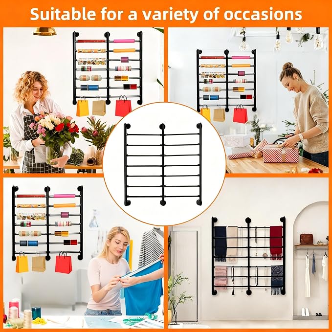 7-Tier Double Row Ribbon Storage Organizer , Wall Mounted Ribbon Organizer | 14 Removable Rods Craft Room Storage Rack. Perfect for Flower Shops, DIY Yarn, Gift Bags & Wrapping Paper Organization - Image 4