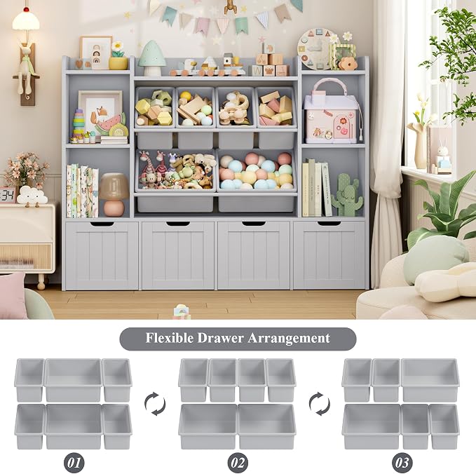 Toy Storage Organizer with Movable Drawer Toy Organizer for Kids | Large Toy Organizers and Storage with 6 Storage Cubbies, Kids Toy Storage and Toy Chest for Playroom and Kids Room, Grey - Image 3