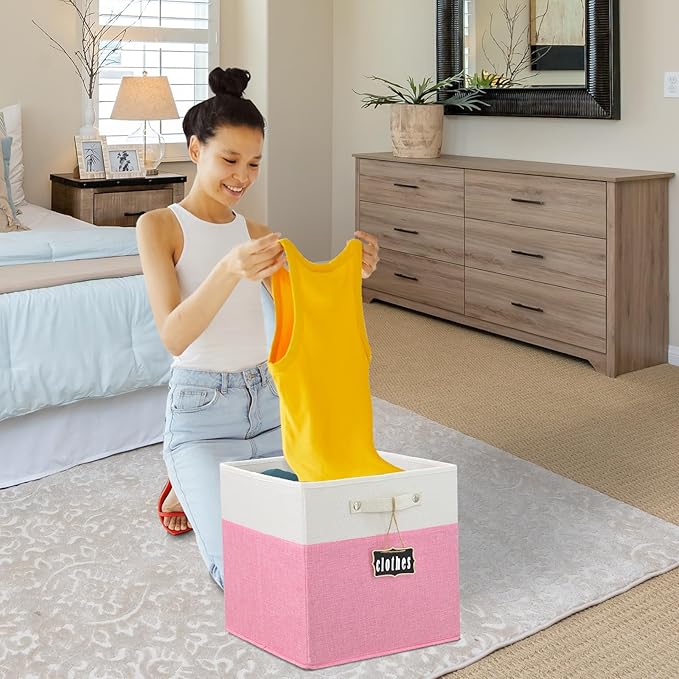 Storage Cubes,13 x 15 x 13 storage cubes,Foldable Fabric Storage Cubes with Labels 4 Pack,Linen Cube Storage Organizer Bins Kallax Storage Cubes for Organizing Shelves Cabinet(White pink). - Image 4
