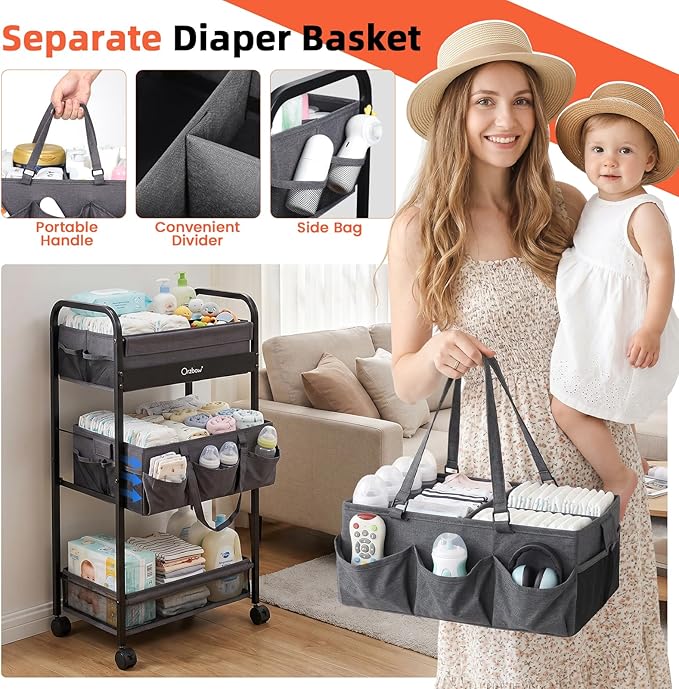 Orzbow Diaper Caddy cart, 3 Tier Baby Rolling Storage Cart | Detachable Infant Essentials Nursery Storage for Bedroom, Changing Table & Crib - Image 4