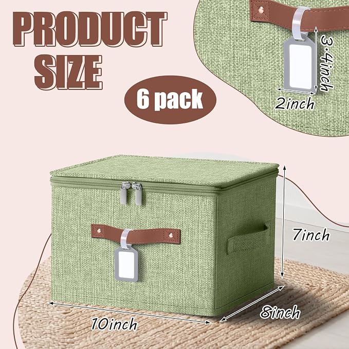 6 Pack Fabric Bins with Lids, 10 x 8 x 7 Inch Fabric Storage Bins with Zipper Lids and Labels, Decorative Foldable Storage Cubes with Handles for Closet Nursery Shelf Organization, Green - Image 2