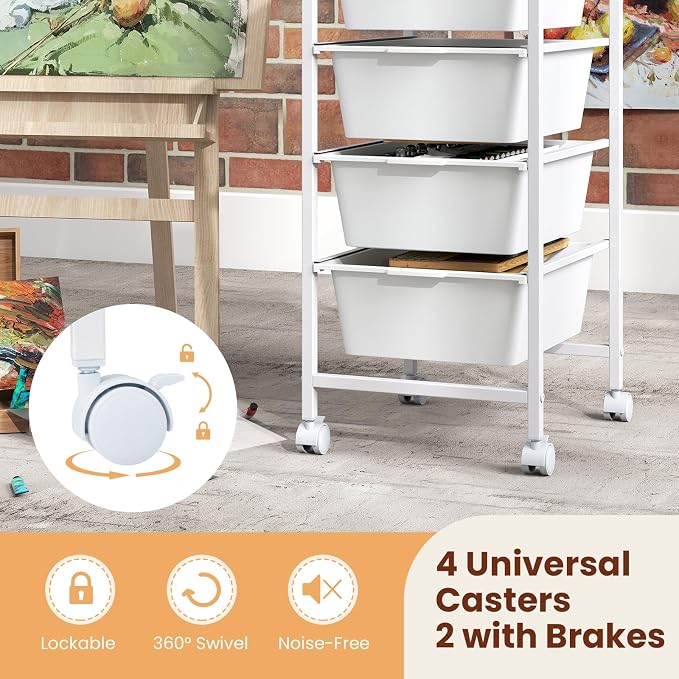 Giantex Rolling Storage Cart with 4 Drawers, Utility Cart w/Wooden Tabletop, Lockable Wheels, Multipurpose Organizer for Art Craft Scrapbook Paper, Drawer Carts for Dorm Classroom Office, White - Image 6