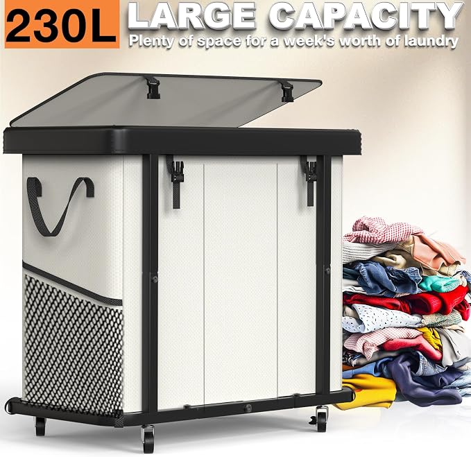 Laundry Basket with Wheels, 230L(60Gal) Laundry Sorter 3 Section - Beige | Leather Patchwork Laundry Hamper, Sturdy Metal Frame, Removable Washable Bag, Tall Clothes Sorter for Bedroom - Image 3