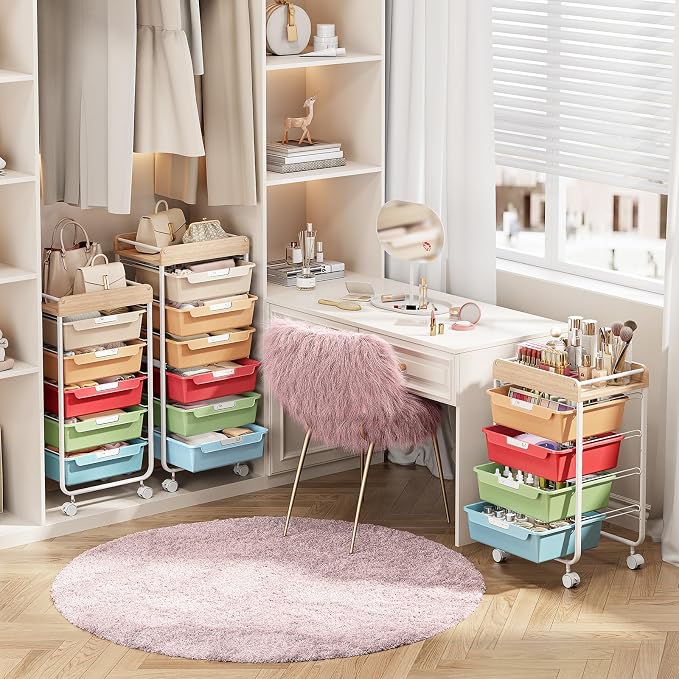 SYKIARIOL Rolling Cart with 6 Drawers,Craft Organizer and Storage,Rainbow | Utility Storage Cart with Drawers,Art Cart,Makeup Organizer With Wooden Tabletop - Image 6