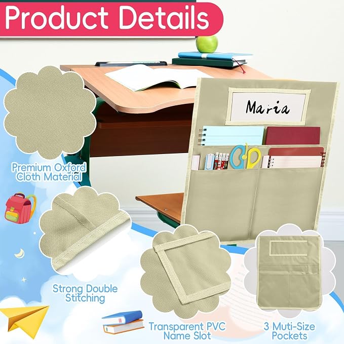 12 Pcs Chair Pockets for Classroom 16.7 x 19.3 inch Seat Sacks with Name Tag for Classroom Chairback Pocket Chart 3 Pockets Chairs Seat Back Organizer for Elementary School Daycare Home Supplies(Boho) - Image 3