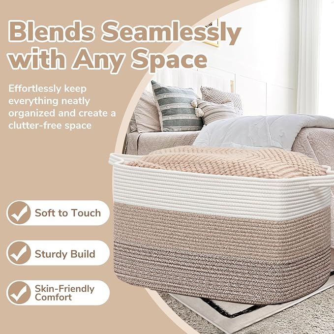 Goodpick 105L Extra Large Woven Rope Blanket Basket, Rectangle, Light Brown | 25'' x 16'' x 16'' Storage Basket for Blankets, Pillows, Toys & Clothes, Living Room, Bedroom & Nursery Organization - Image 5