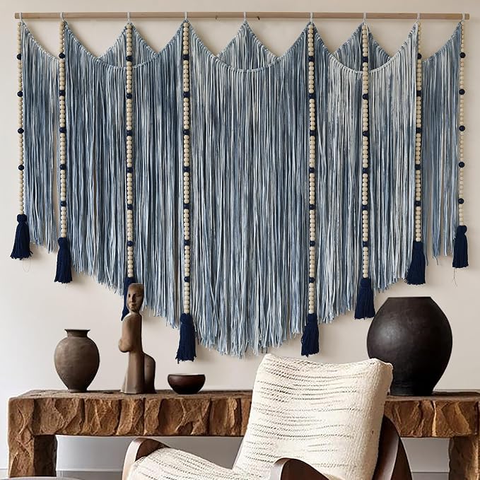Jakalin Macrame Wall Hanging Blue Dip Dye Bead Boho Home Decor 57"x43" | Blue Dip-dye Cotton Cord, Handwoven Beadwork, Artisan Texture, Modern Boho Wall Decor, Home Accent Yarn Fiber Wall Art - Image 2