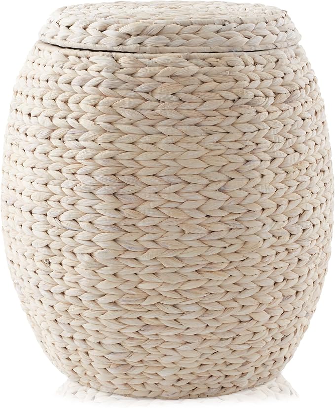 Casafield Round Storage Basket with Lid - Whitewash, Handwoven Water Hyacinth Organizer for Laundry, Blankets, Plants, Bedroom, Living Room, Office - Image 3