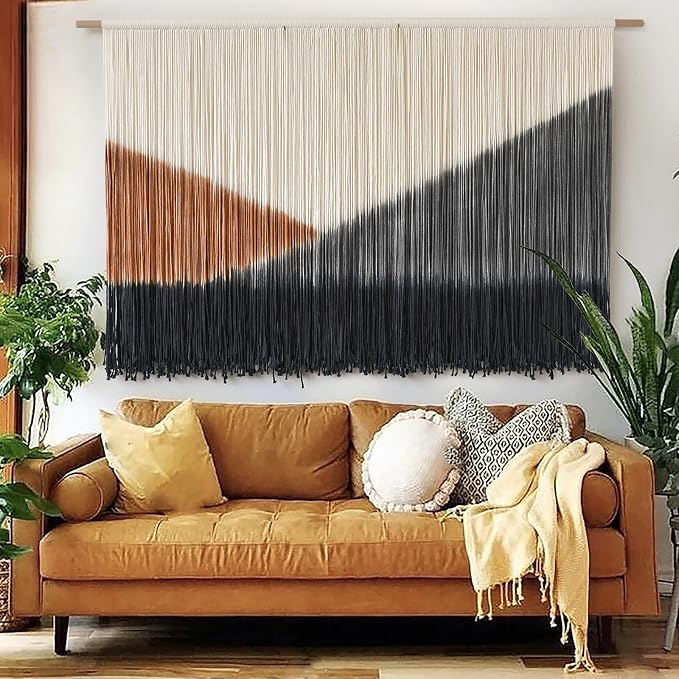 Macrame Wall Hanging Black Dip Dye Boho Wall Art for Living Room 57"W*35"L | Dip Dyed Wall Hanging, Large Wall Art, Handmade Cotton Craft, for Living Room Bedroom Accent, Unique Home Decor by FLBER