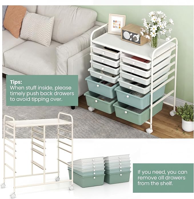 Giantex 12 Drawers Rolling Storage Cart, Classroom Organizers with Wheels for Tools Scrapbook Craft Paper Teacher Office School Supplies, Green Gradient - Image 6