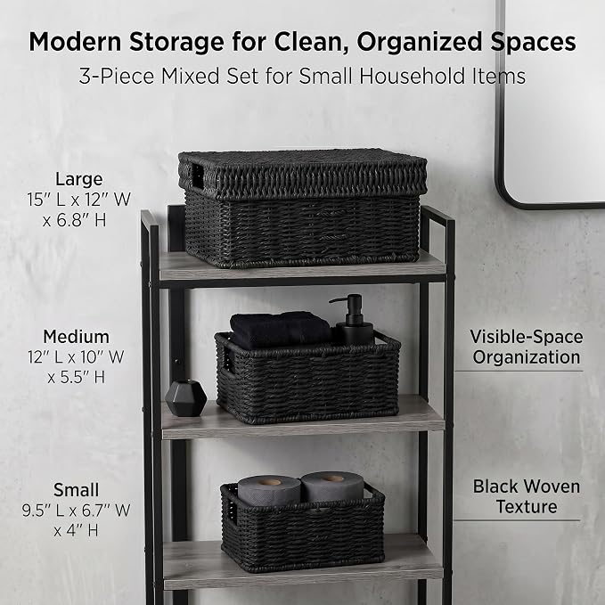 Wicker Storage Basket with Lid for Shelves, 3-Basket Set, Black | One rectangular wicker basket with lid and two open baskets for decorative shelf storage; removable lid flips into a tray. - Image 3