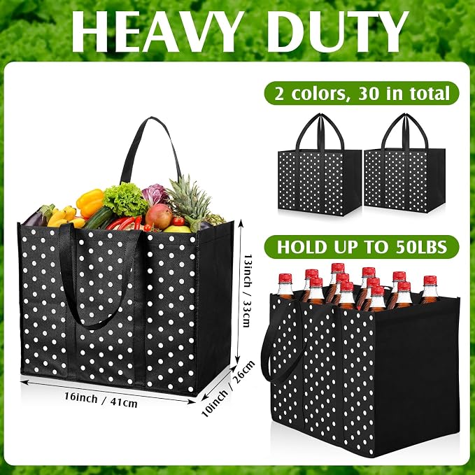 Hillban 30 Pack Large Reusable Shopping Bags Bulk | Heavy Duty Foldable Grocery Bags 16 x 13 x 10 Inch, Washable Portable Storage Totes with Reinforced Handles - Image 4