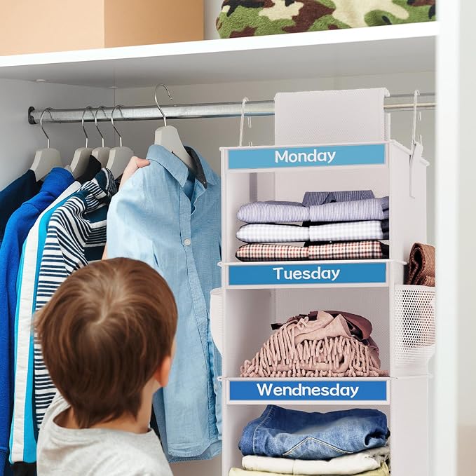 Fixwal Weekly Kids Clothes Organizer 2 Pack 6-Shelf Hanging Storage | Nonwoven Fabric, 6 Daily Shelves, 6 Mesh Side Pockets, 2 Metal Hooks, Foldable Design, for Kids Outfits and Accessories - Image 6
